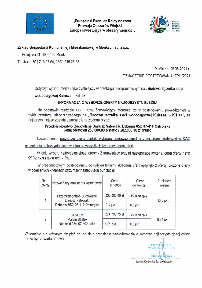  INFORMACJA O WYBORZE OFERTY NAJKORZYSTNIEJSZEJ 